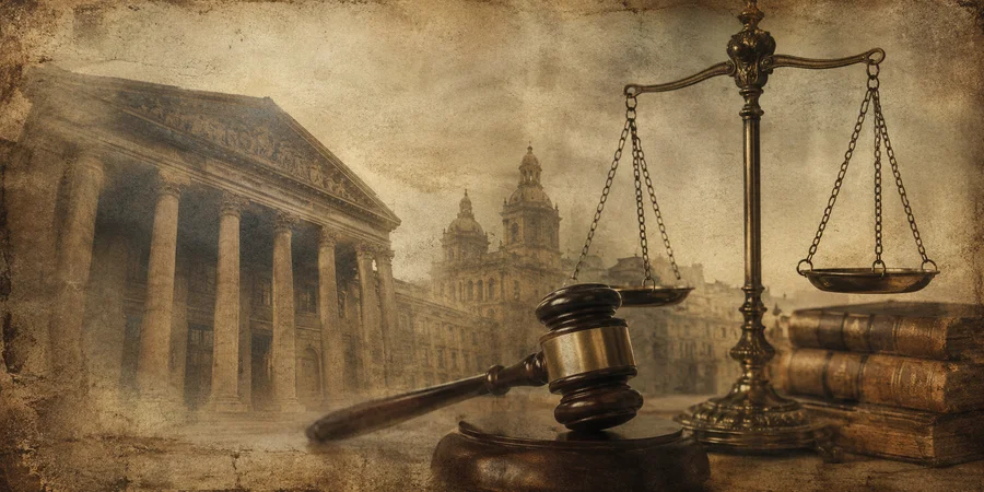 Javier Villegas Posada Abogados - Medellín - Bogotá - Colombia. Escena cinematográfica de estilo vintage en tonos sepia, con una balanza de la justicia, un mazo judicial y libros de derecho frente a edificios institucionales, evocando la búsqueda de justicia y reparación.
